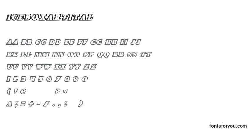 Czcionka Iceboxartital – alfabet, cyfry, specjalne znaki