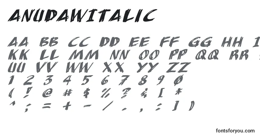 A fonte AnudawItalic – alfabeto, números, caracteres especiais