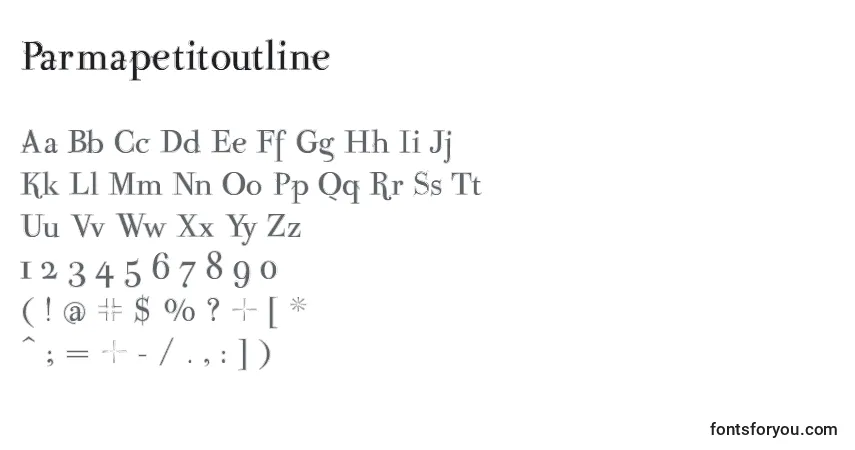 Schriftart Parmapetitoutline – Alphabet, Zahlen, spezielle Symbole