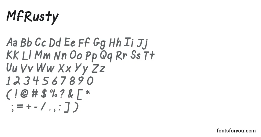 Czcionka MfRusty – alfabet, cyfry, specjalne znaki