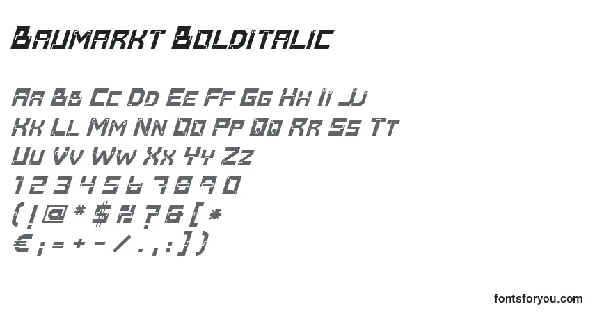 Schriftart Baumarkt Bolditalic – Alphabet, Zahlen, spezielle Symbole
