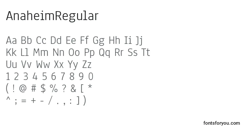 A fonte AnaheimRegular – alfabeto, números, caracteres especiais
