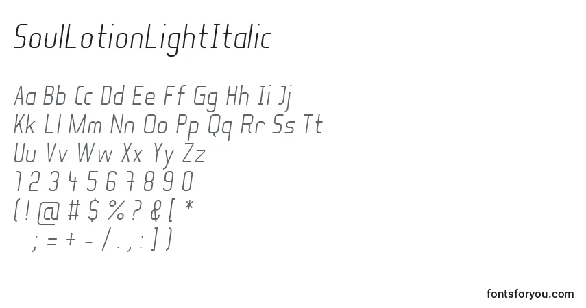Schriftart SoulLotionLightItalic – Alphabet, Zahlen, spezielle Symbole