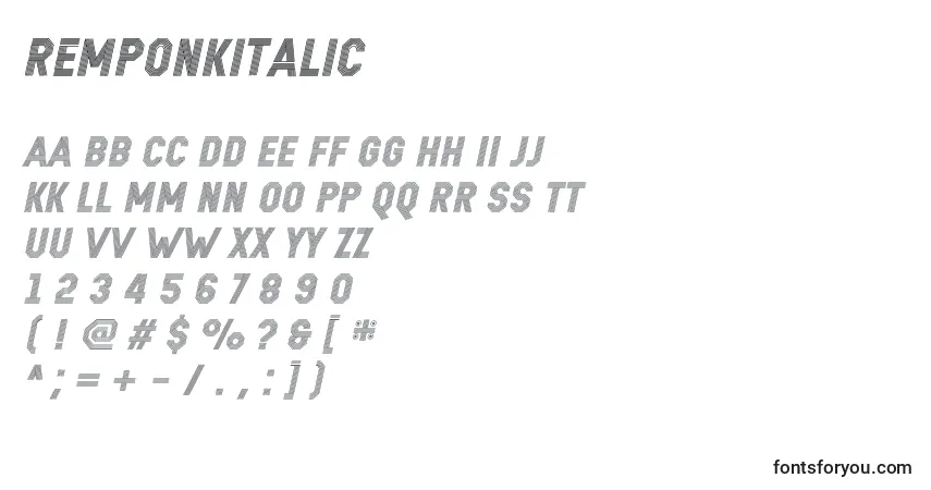 Шрифт RemponkItalic – алфавит, цифры, специальные символы