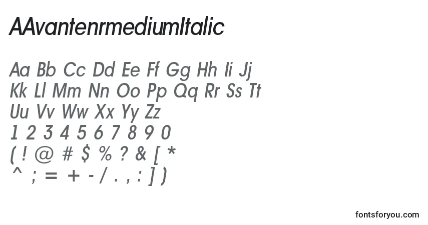 Czcionka AAvantenrmediumItalic – alfabet, cyfry, specjalne znaki