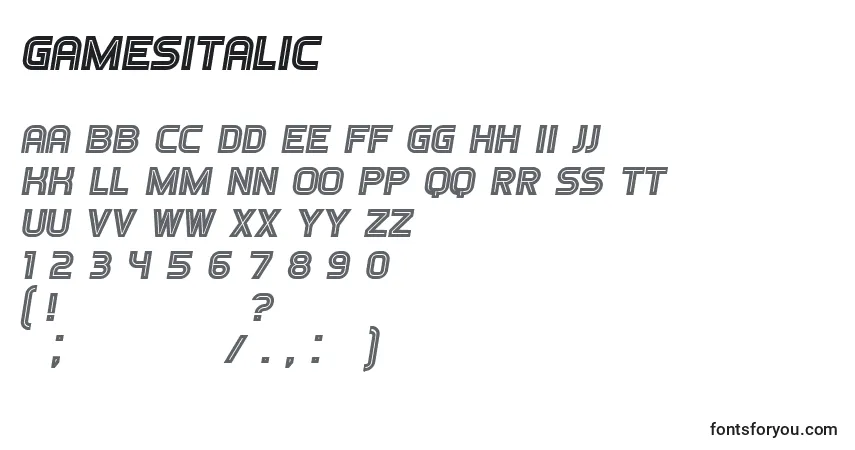 Czcionka GamesItalic – alfabet, cyfry, specjalne znaki