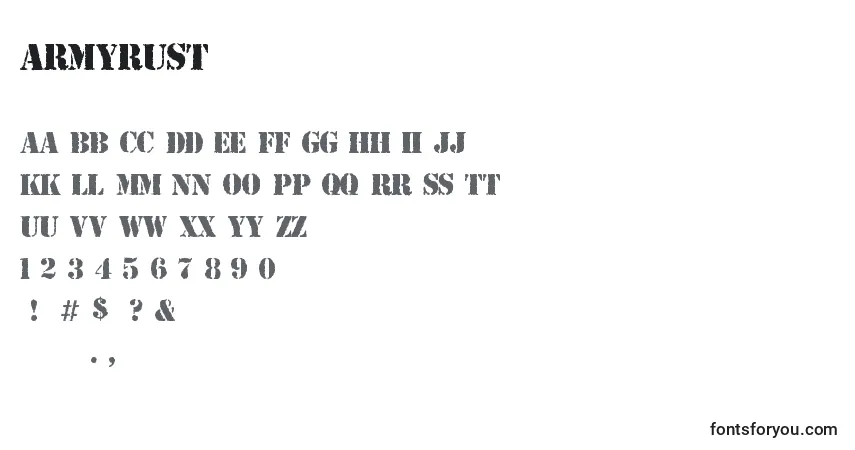 A fonte ArmyRust – alfabeto, números, caracteres especiais