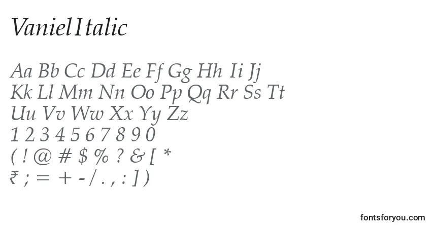 Schriftart VanielItalic – Alphabet, Zahlen, spezielle Symbole