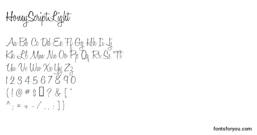Czcionka HoneyScriptLight – alfabet, cyfry, specjalne znaki