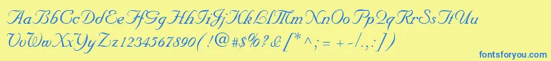 フォントNuptialScript – 青い文字が黄色の背景にあります。