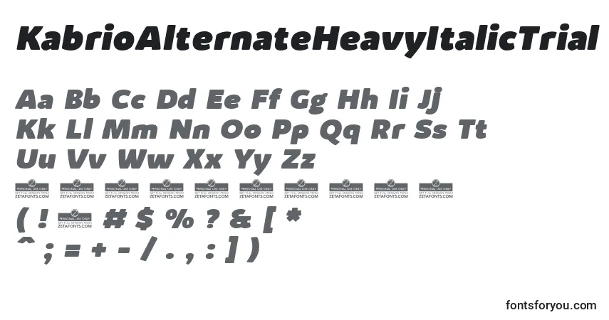 A fonte KabrioAlternateHeavyItalicTrial – alfabeto, números, caracteres especiais