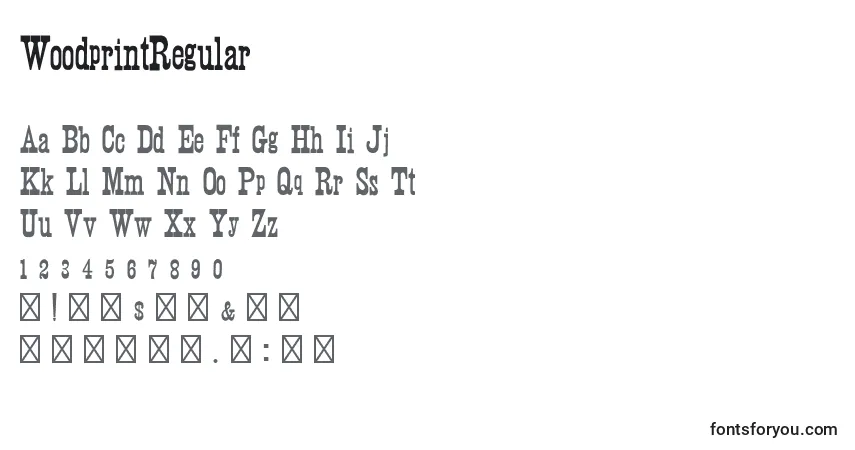 Czcionka WoodprintRegular – alfabet, cyfry, specjalne znaki