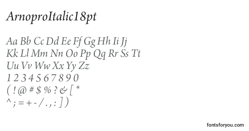 A fonte ArnoproItalic18pt – alfabeto, números, caracteres especiais