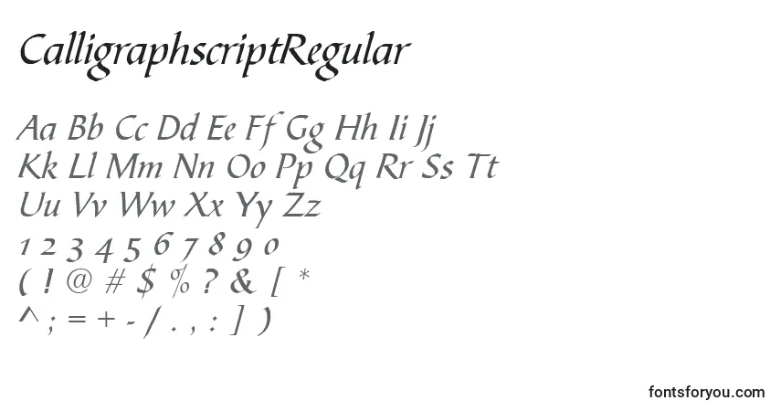Czcionka CalligraphscriptRegular – alfabet, cyfry, specjalne znaki
