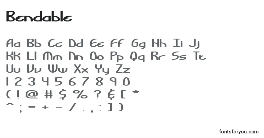 Czcionka Bendable – alfabet, cyfry, specjalne znaki