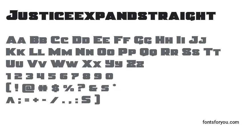 Czcionka Justiceexpandstraight – alfabet, cyfry, specjalne znaki