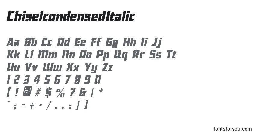 Czcionka ChiselcondensedItalic – alfabet, cyfry, specjalne znaki