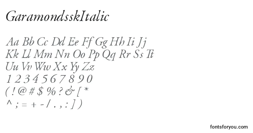 A fonte GaramondsskItalic – alfabeto, números, caracteres especiais