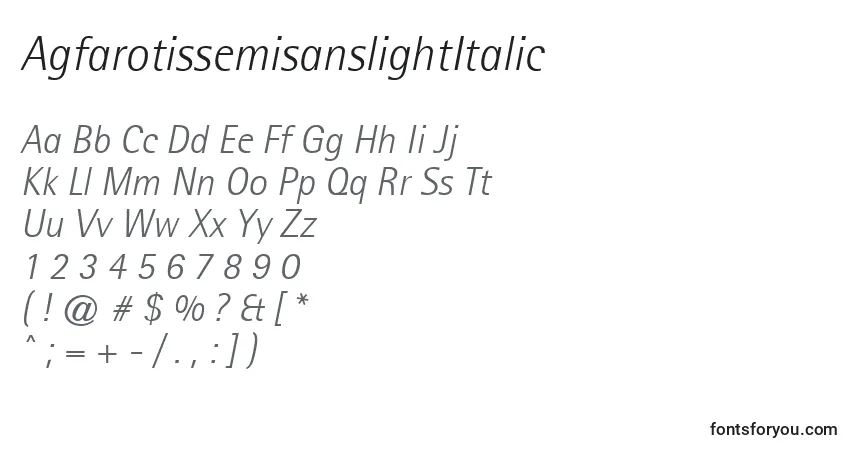 A fonte AgfarotissemisanslightItalic – alfabeto, números, caracteres especiais