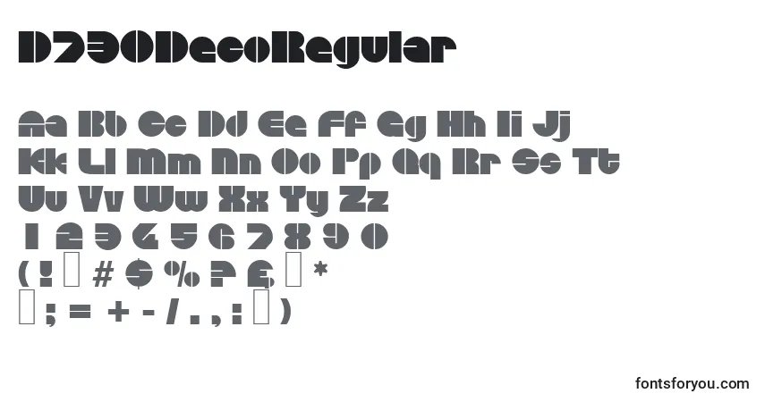 Шрифт D730DecoRegular – алфавит, цифры, специальные символы