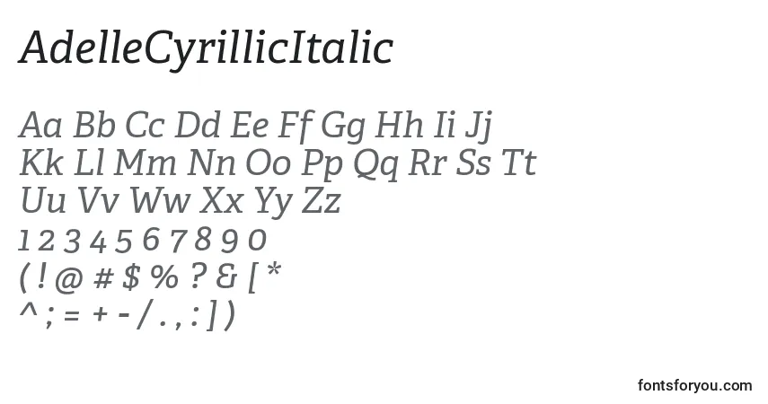 A fonte AdelleCyrillicItalic – alfabeto, números, caracteres especiais