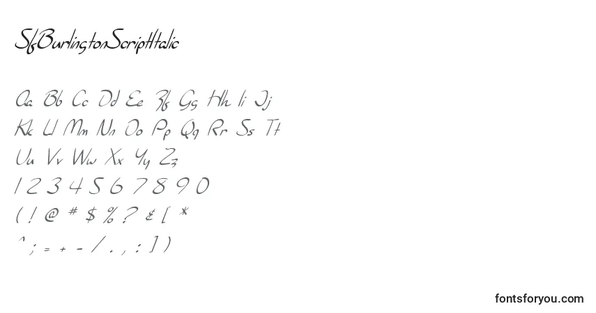 Czcionka SfBurlingtonScriptItalic – alfabet, cyfry, specjalne znaki