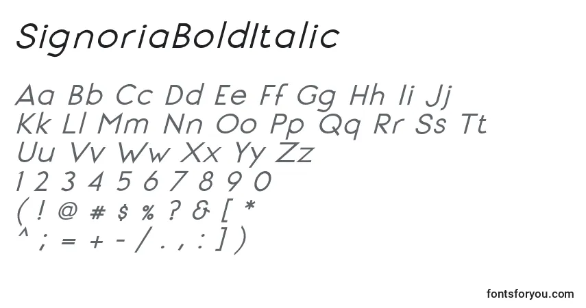 Czcionka SignoriaBoldItalic – alfabet, cyfry, specjalne znaki