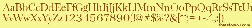 フォントBaskervilleserialLightRegular – 茶色の文字が黄色の背景にあります。