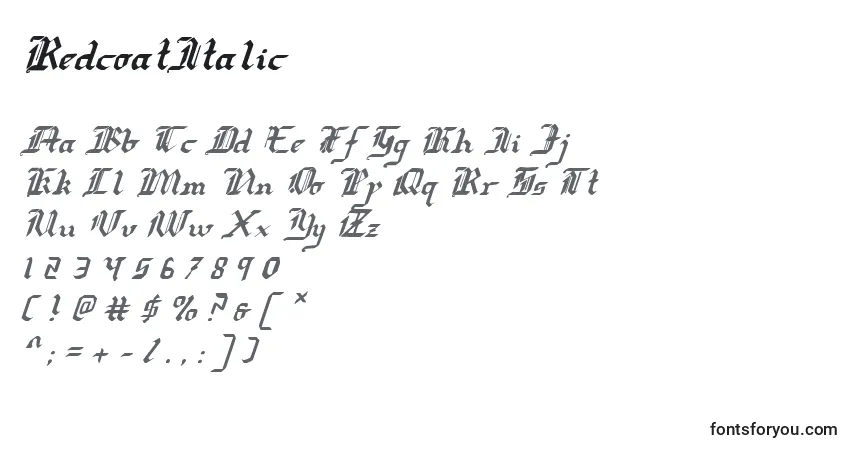 A fonte RedcoatItalic – alfabeto, números, caracteres especiais