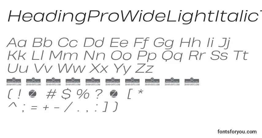 Czcionka HeadingProWideLightItalicTrial – alfabet, cyfry, specjalne znaki