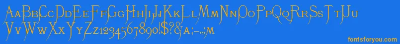 フォントK22Monastic – オレンジ色の文字が青い背景にあります。