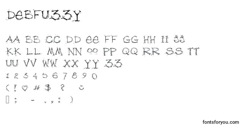 Czcionka Debfuzzy – alfabet, cyfry, specjalne znaki