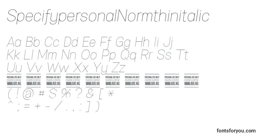 A fonte SpecifypersonalNormthinitalic – alfabeto, números, caracteres especiais