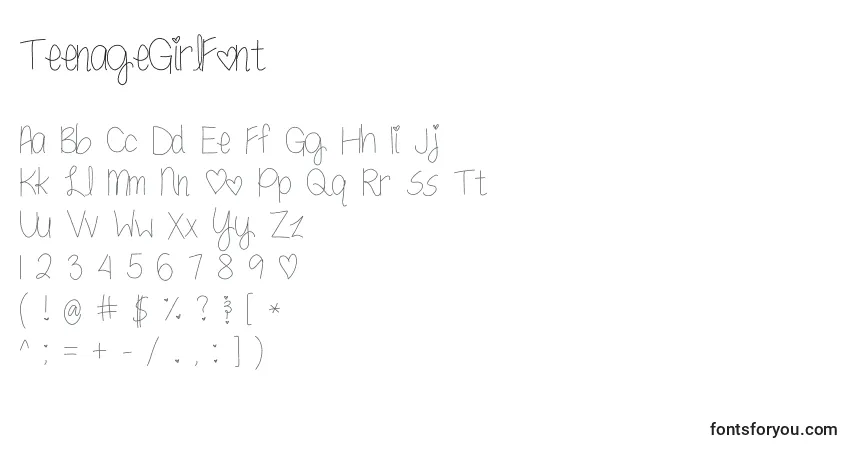 Schriftart TeenageGirlFont – Alphabet, Zahlen, spezielle Symbole