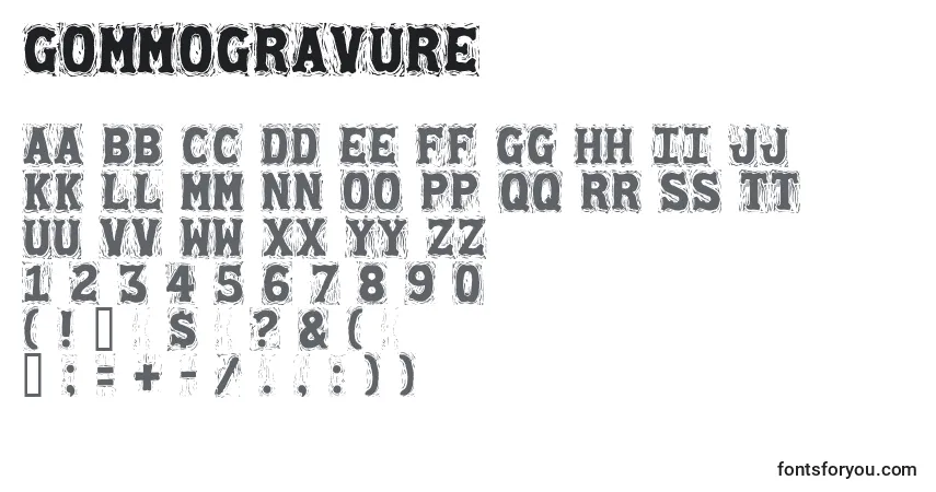 Schriftart Gommogravure – Alphabet, Zahlen, spezielle Symbole