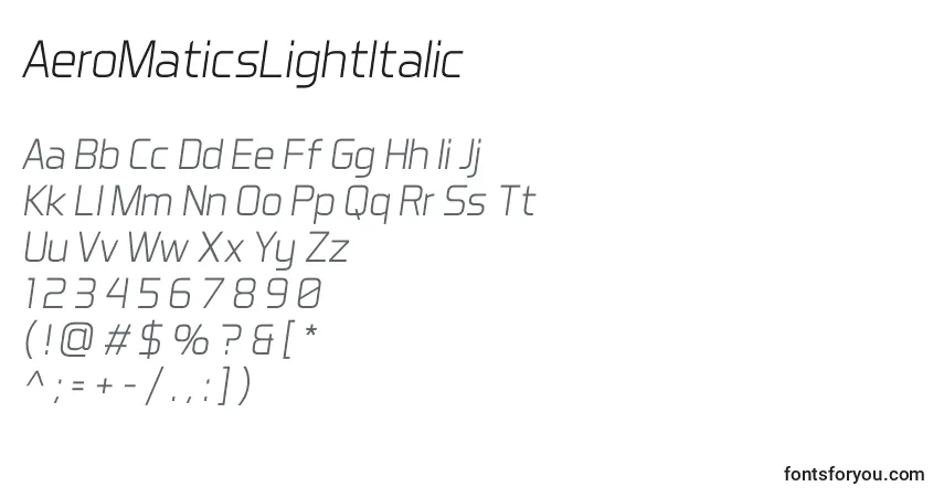 Шрифт AeroMaticsLightItalic – алфавит, цифры, специальные символы