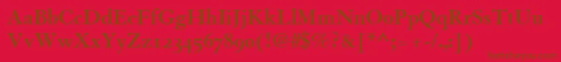 TiascoOldstyleSsiBoldOldStyleFigures-Schriftart – Braune Schriften auf rotem Hintergrund