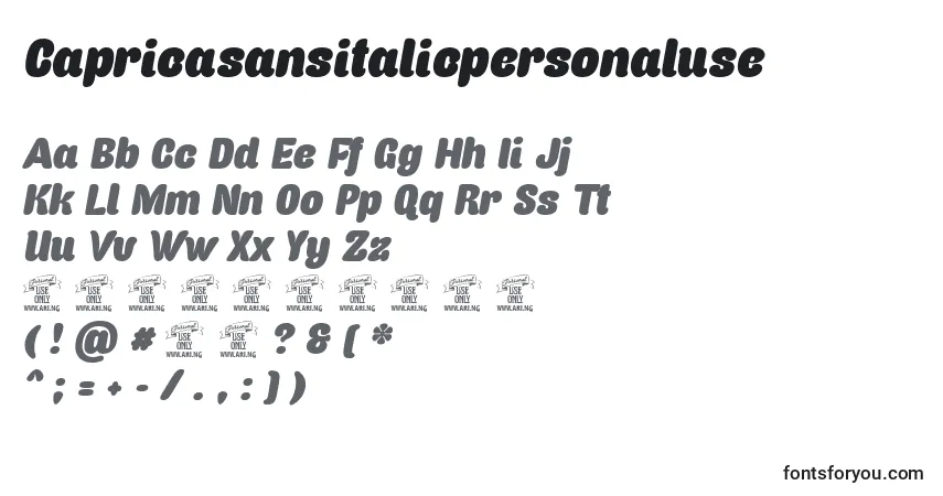 A fonte Capricasansitalicpersonaluse – alfabeto, números, caracteres especiais