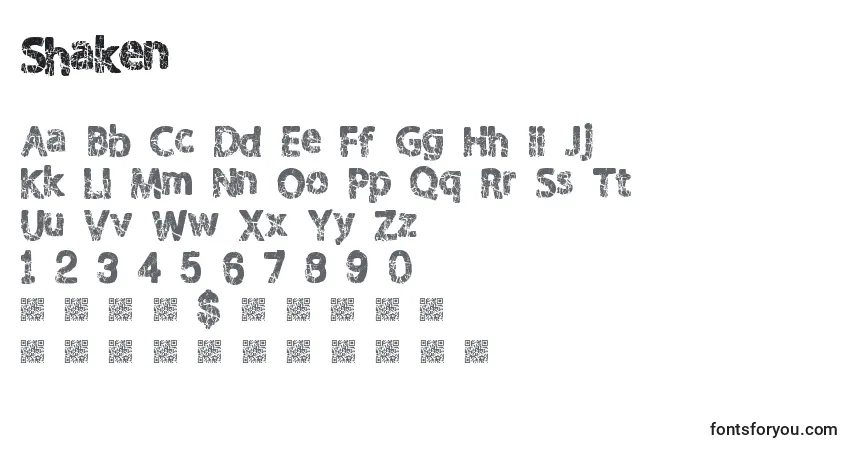 Czcionka Shaken – alfabet, cyfry, specjalne znaki