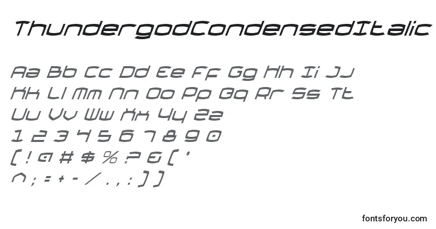Schriftart ThundergodCondensedItalic – Alphabet, Zahlen, spezielle Symbole