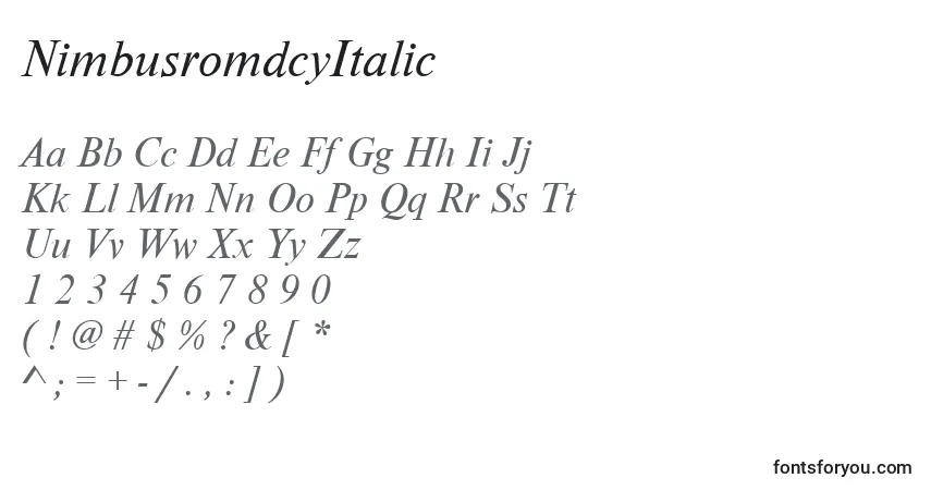 Czcionka NimbusromdcyItalic – alfabet, cyfry, specjalne znaki