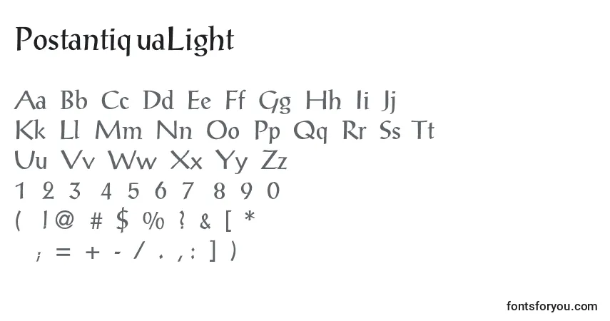 Czcionka PostantiquaLight – alfabet, cyfry, specjalne znaki