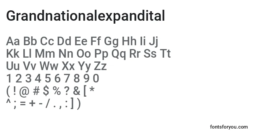 Шрифт Grandnationalexpandital – алфавит, цифры, специальные символы