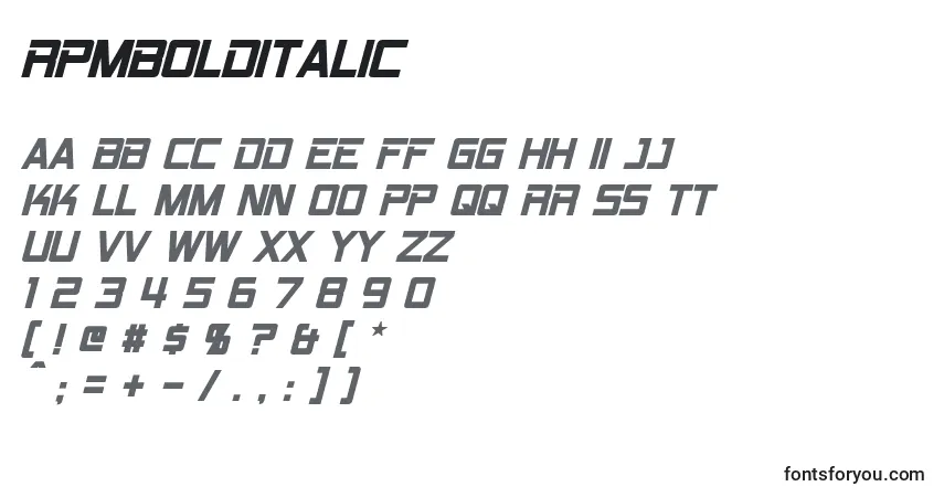 A fonte RpmBoldItalic – alfabeto, números, caracteres especiais