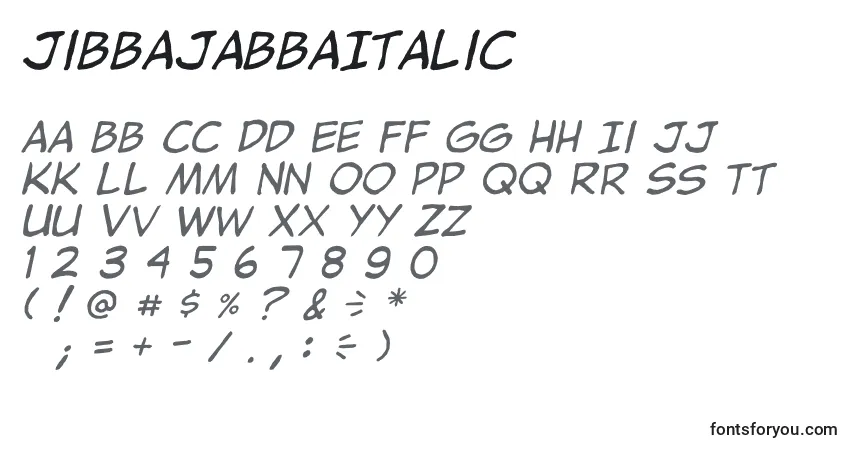 Шрифт JibbajabbaItalic – алфавит, цифры, специальные символы