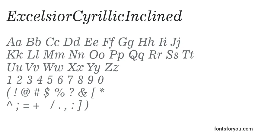 Czcionka ExcelsiorCyrillicInclined – alfabet, cyfry, specjalne znaki