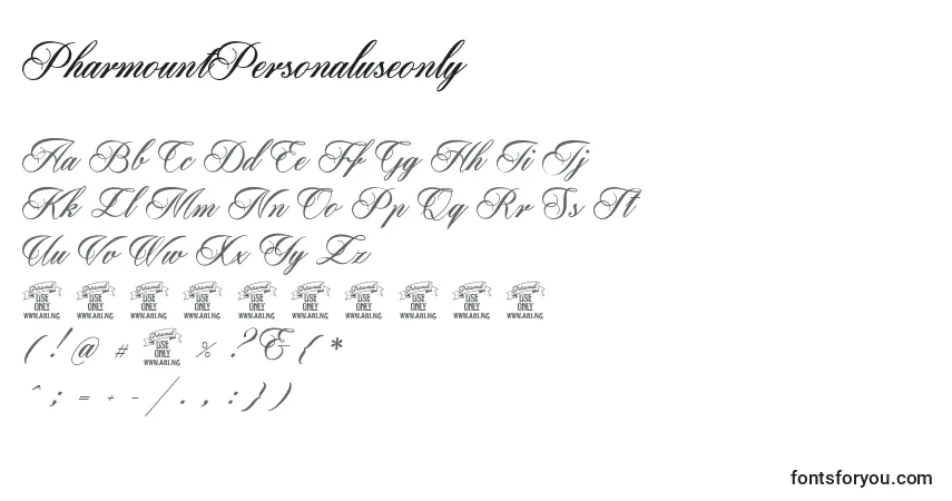 A fonte PharmountPersonaluseonly – alfabeto, números, caracteres especiais