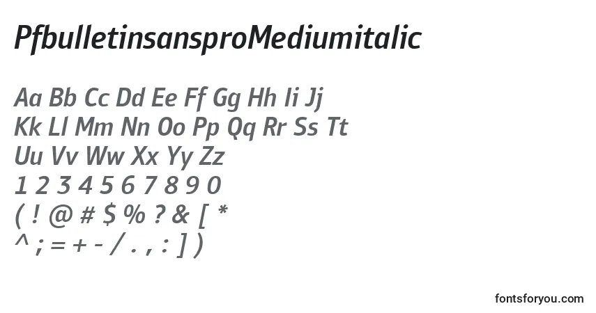 A fonte PfbulletinsansproMediumitalic – alfabeto, números, caracteres especiais