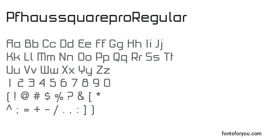 Czcionka PfhaussquareproRegular – alfabet, cyfry, specjalne znaki