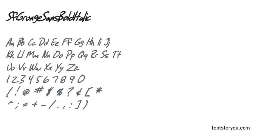 A fonte SfGrungeSansBoldItalic – alfabeto, números, caracteres especiais